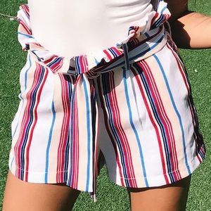 WOMENS BOOHOO STRIPED BELTED PAPERBAG SHORTS